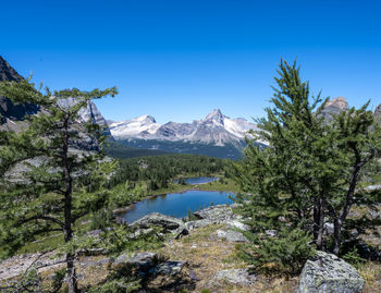 Scenic view of lake and mountains against clear blue sky