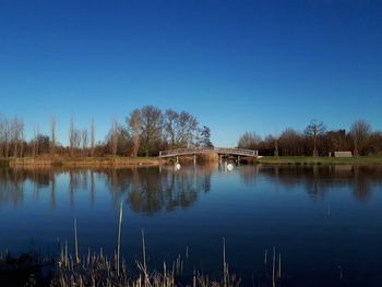 Scenic view of lake against clear blue sky