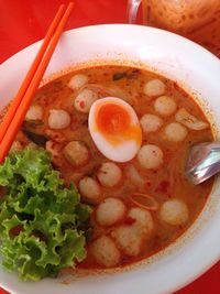 High angle view of soup in bowl