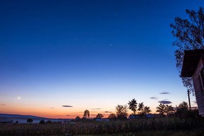 Scenic view of field against clear sky at sunset