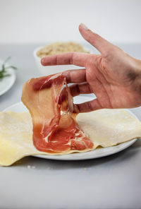 Cropped hand of woman preparing food in plate