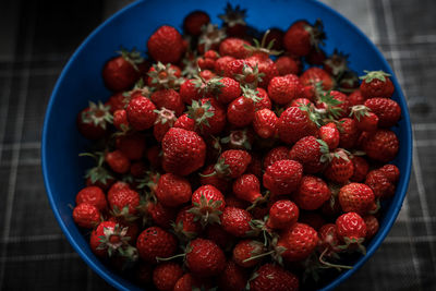 High angle view of strawberries in bowl