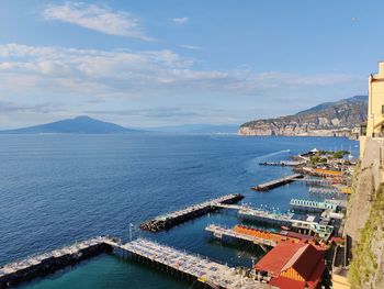 High angle view of sea against blue sky