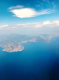 Aerial view of sea and mountains against sky