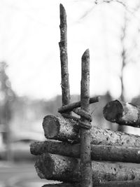 Close-up of rusty metal against sky