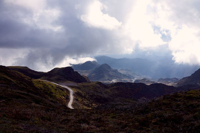 Scenic view of mountains against cloudy sky