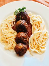 Close-up of spaghetti served in plate