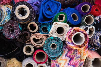 Full frame shot of colorful fabric rolls at store