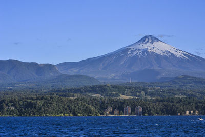 Scenic view of snowcapped mountains against clear sky