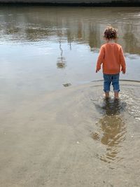 Rear view of boy standing at beach