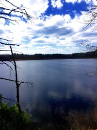 Scenic view of lake against cloudy sky