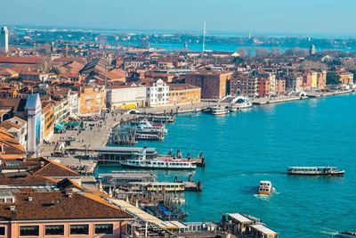 High angle view of city at waterfront