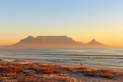 Scenic view of sea against clear sky during sunset