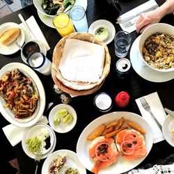 High angle view of meal served on table