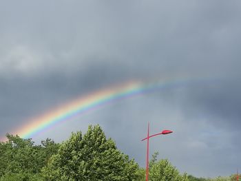 Low angle view of rainbow over trees against sky