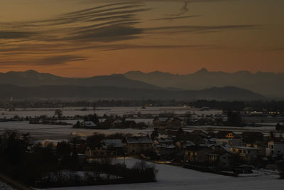 High angle view of townscape against sky during sunset