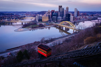 High angle view of bridge over river amidst buildings in city