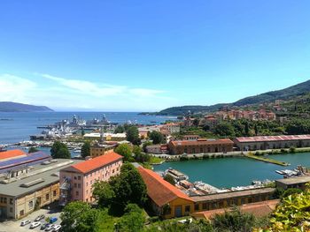 High angle view of buildings by sea against sky