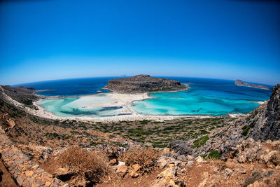 Scenic view of sea against clear blue sky