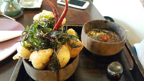 Close-up of served food in plate