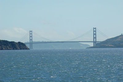 Scenic view of golden gate bridge over bay against sky