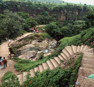 High angle view of people on steps