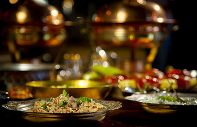 Close-up of food served on table in restaurant