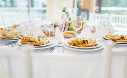 High angle view of food served on table