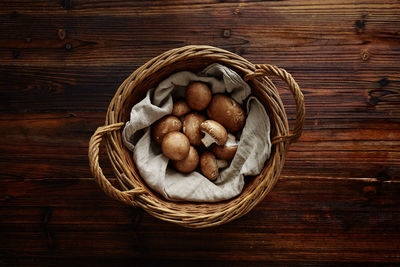 High angle view of cookies in basket on table