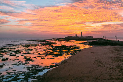 Scenic view of sea against dramatic sky during sunset