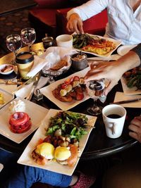 High angle view of food served on table