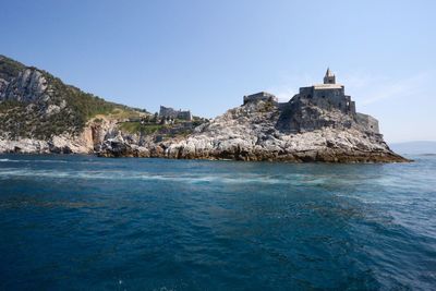 Scenic view of sea against clear blue sky