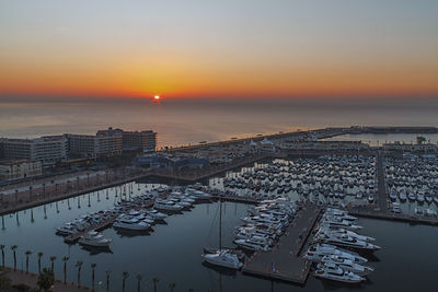 High angle view of sea against sky during sunset