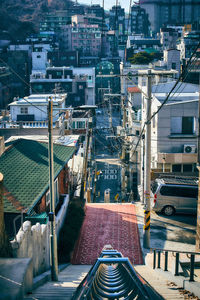 High angle view of street amidst buildings in city