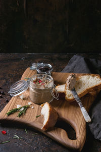 High angle view of breakfast on table against black background