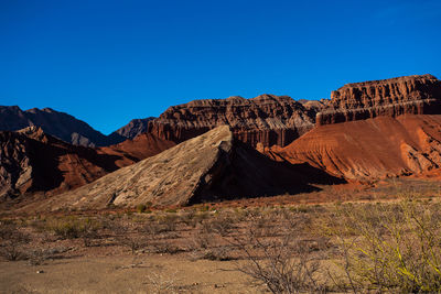 Rock formations on landscape against clear blue sky