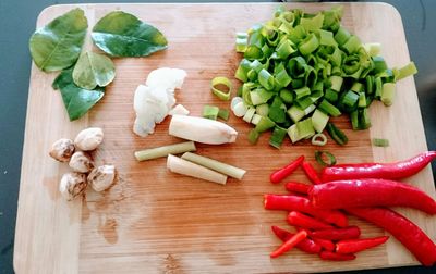 High angle view of chopped vegetables on table