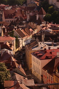 High angle view of buildings at town