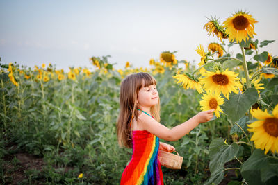 Beautiful young woman standing in sunflower field