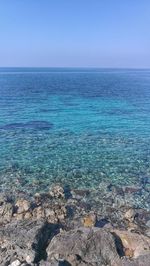 Scenic view of sea against clear blue sky