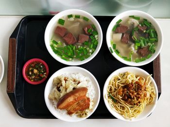 High angle view of food served on table