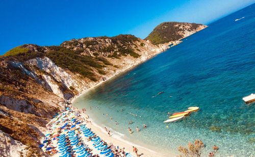 Scenic view of sea against clear blue sky