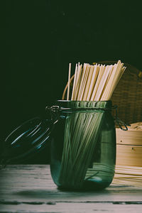 Close-up of stack of table