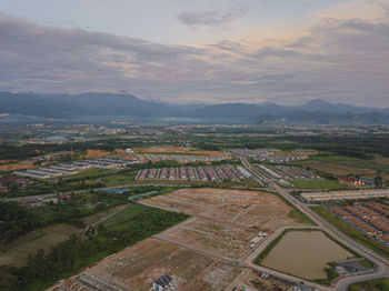 High angle view of agricultural field against sky