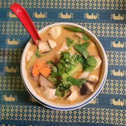 High angle view of soup in bowl on table