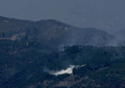 A canadian plane extinguish a fire in lago maggiore area and an aerial view of a hill