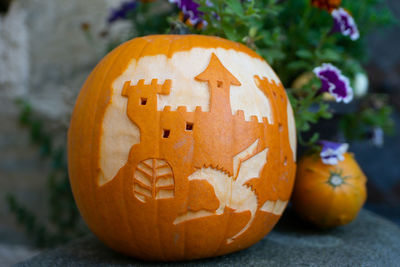 Close-up of pumpkin on pumpkins during halloween