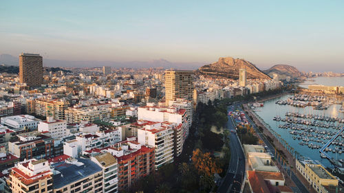 High angle view of buildings against sky in city