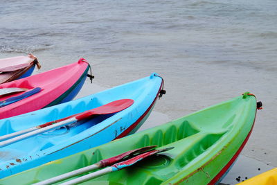 High angle view of boats moored on beach