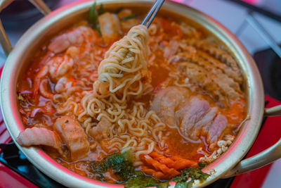 High angle view of soup in bowl